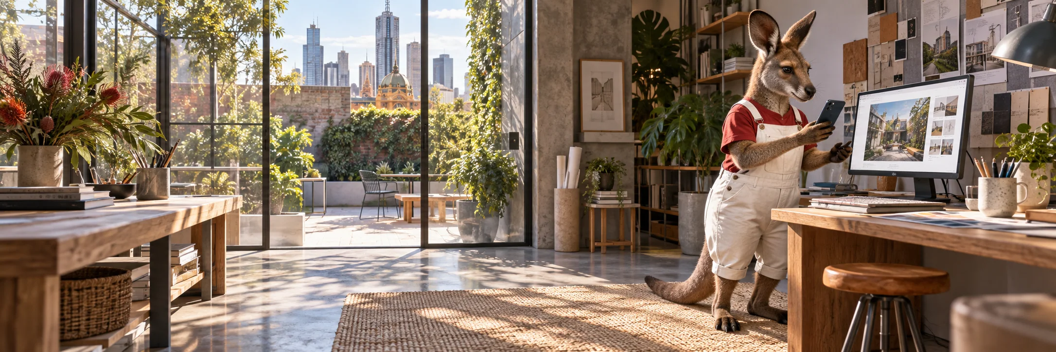 Wallaby comparing a phone with a small desktop monitor, sunlit design studio overlooking a Melbourne courtyard.