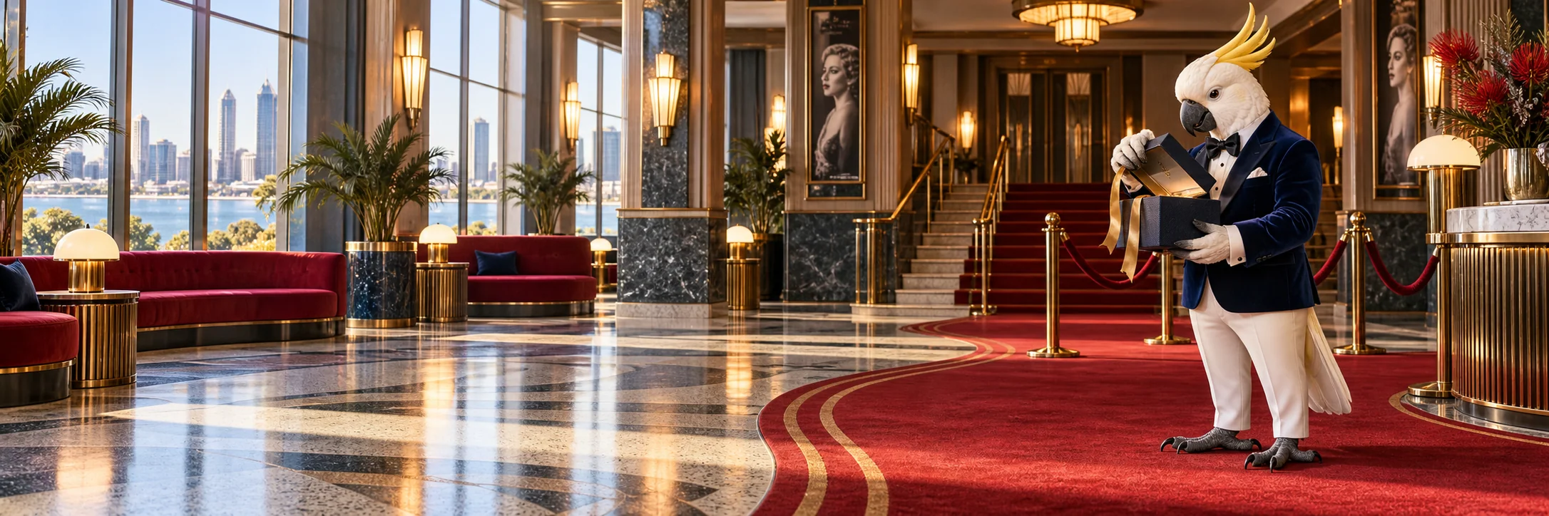 Cockatoo opening an elegant gift case, Art Deco cinema foyer in Perth with red carpet and curved lamps.