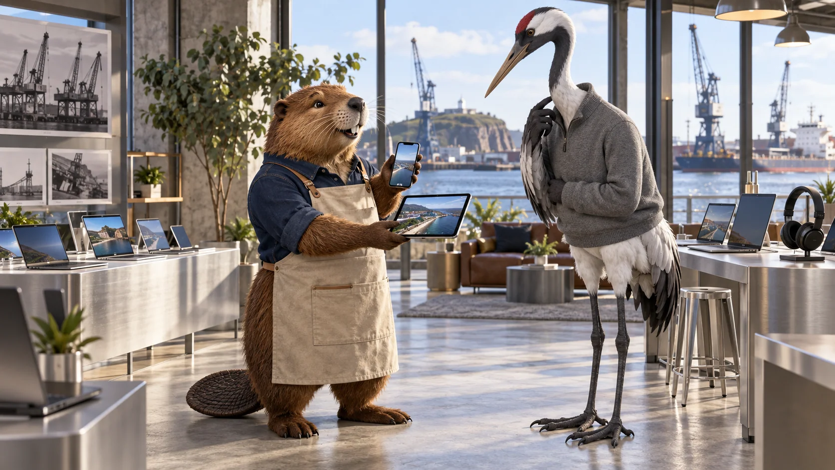 Beaver presenting a phone and tablet to an adult crane wearing a grey pullover, industrial laptop showroom in Newcastle with aluminium furniture.