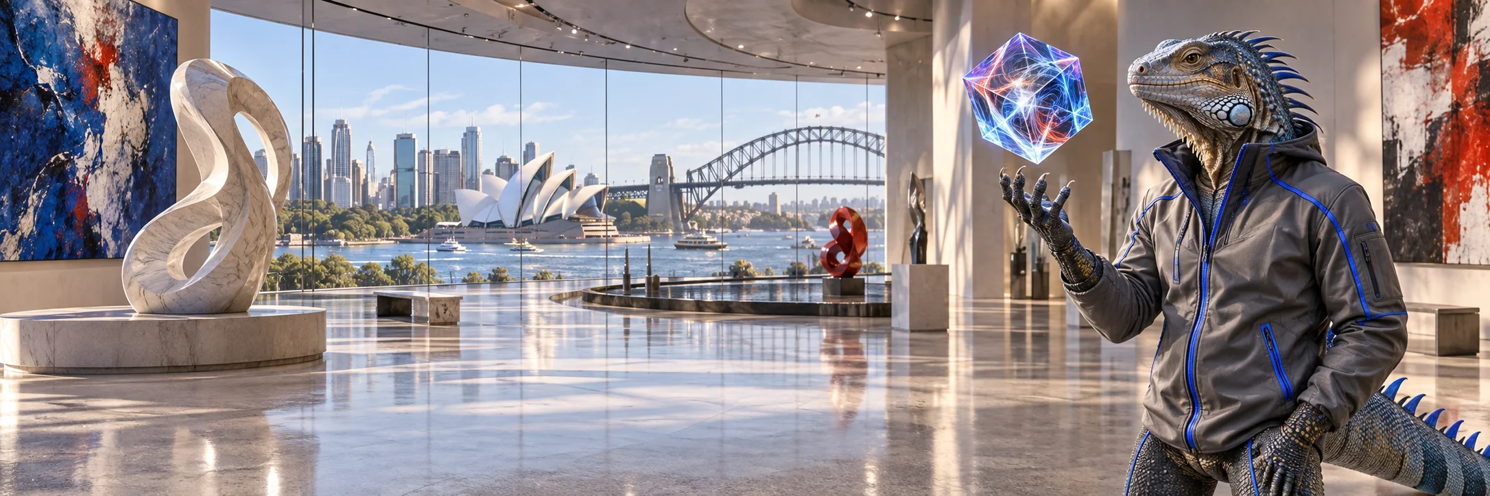 Iguana balancing a glowing abstract glass cube, futuristic digital art gallery in Sydney with polished white sculpture.