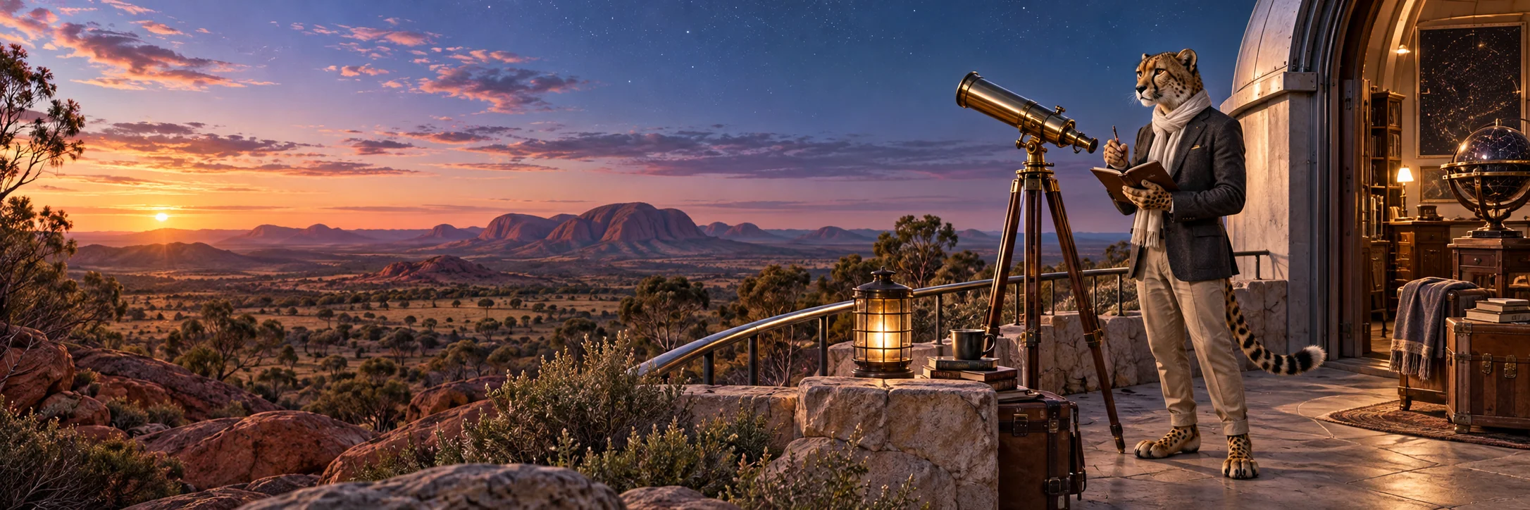 Cheetah making notes beside a brass telescope, observatory balcony under twilight sky in the Australian outback.