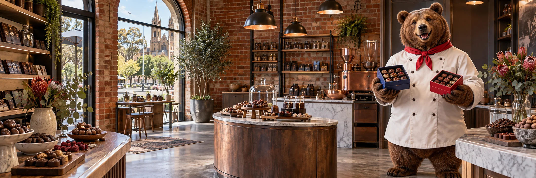 Brown bear presenting two small boxes, red brick artisanal chocolate shop in Adelaide.