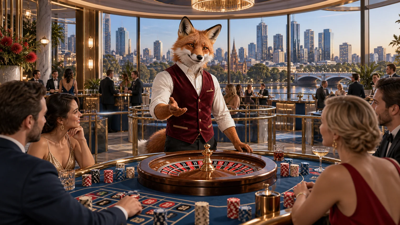 Red fox hosting a roulette table, circular contemporary live casino studio with brass railings in Melbourne.