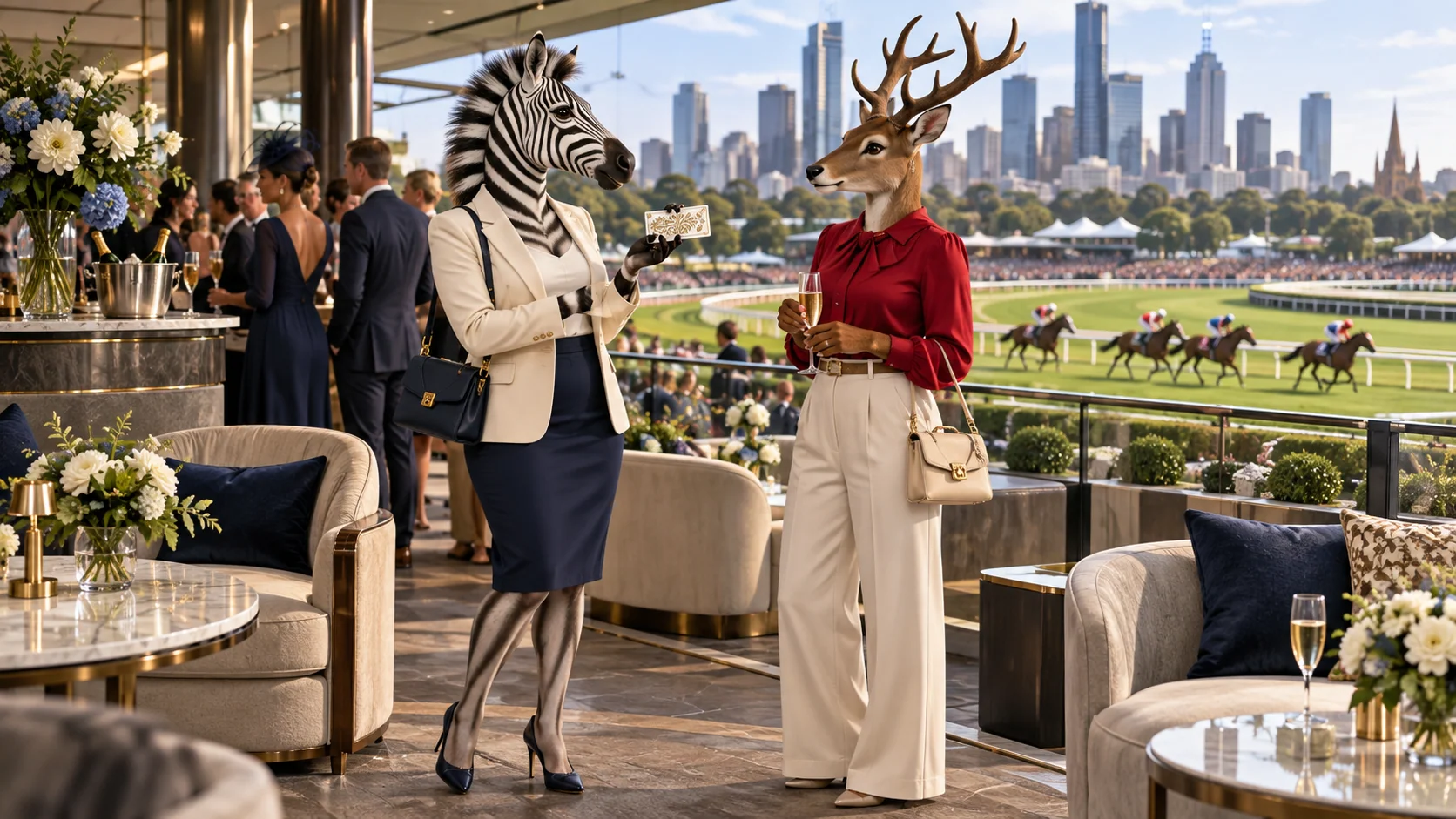 Zebra showing a decorative membership card to an adult deer in a red blouse, exclusive racecourse lounge in Melbourne overlooking a green track.