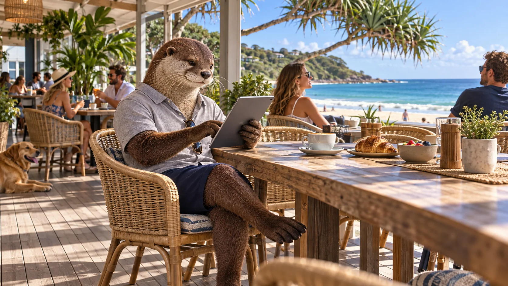 Otter browsing on a tablet at a sunny communal table, open beach cafe veranda in Noosa with cane chairs.