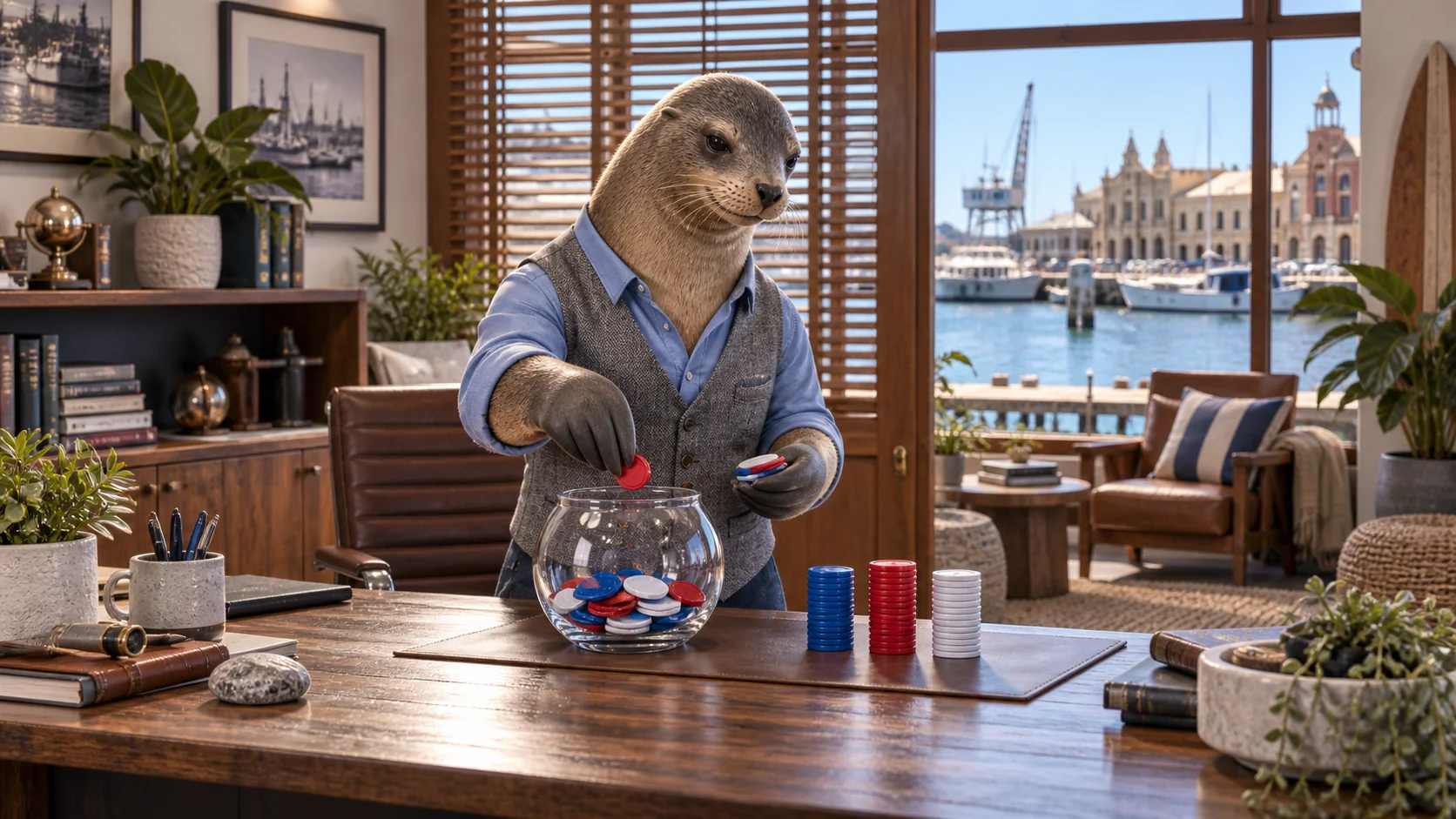 Sea lion sorting a neat stack of tokens into a glass bowl, boutique coastal finance office in Fremantle with timber blinds.