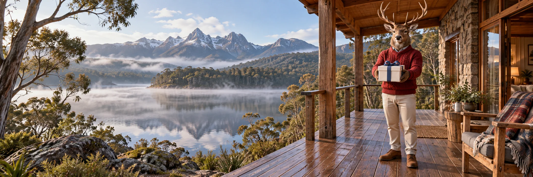Stag offering a wrapped white gift, Tasmanian timber lodge veranda overlooking a misty lake.