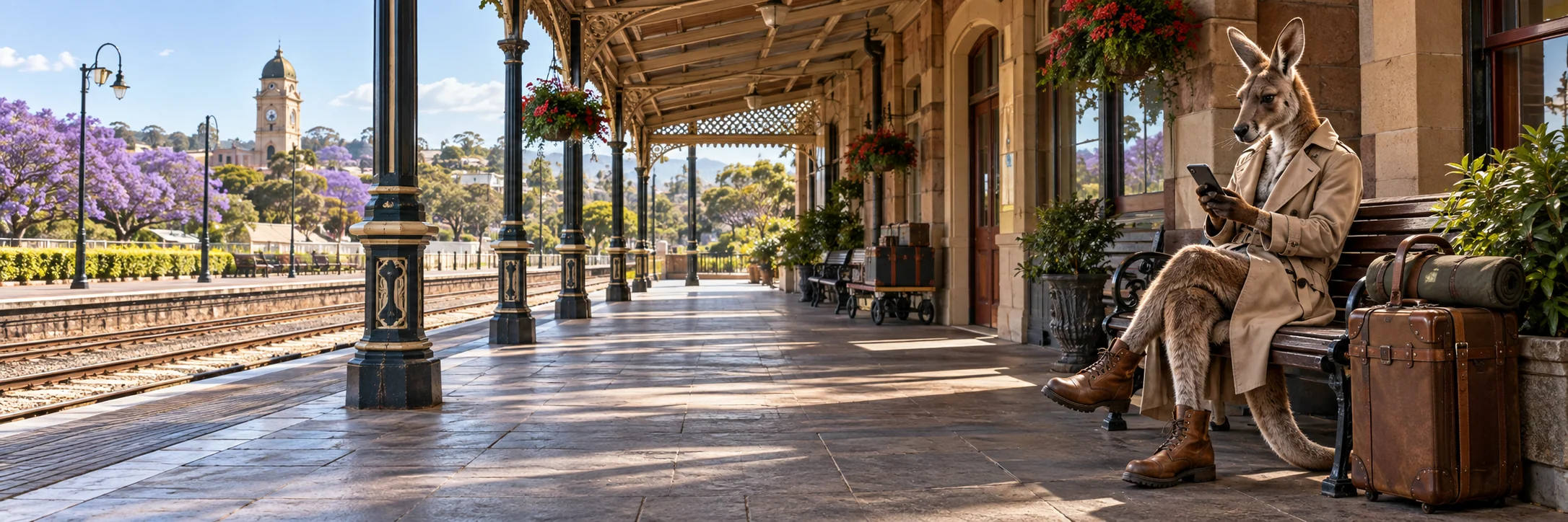 Kangaroo checking a travel app while waiting, historic train station veranda in Toowoomba.