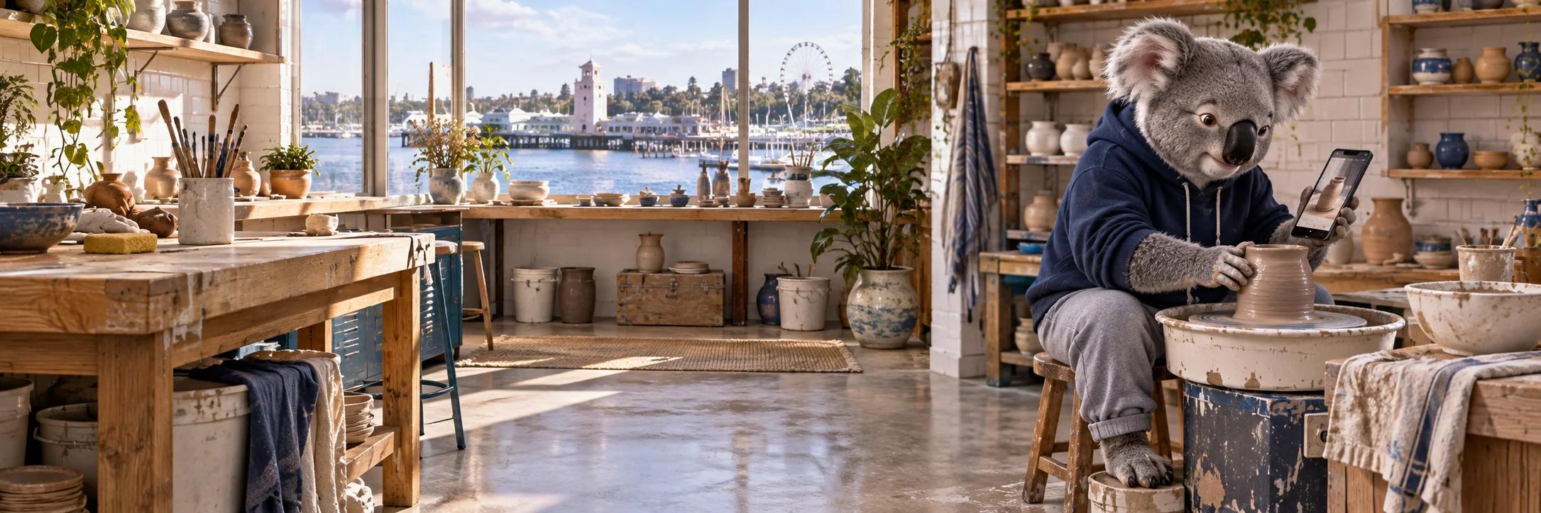 Koala following a phone tutorial beside a pottery wheel, bright ceramics studio in Geelong, white tiles and clay pots.