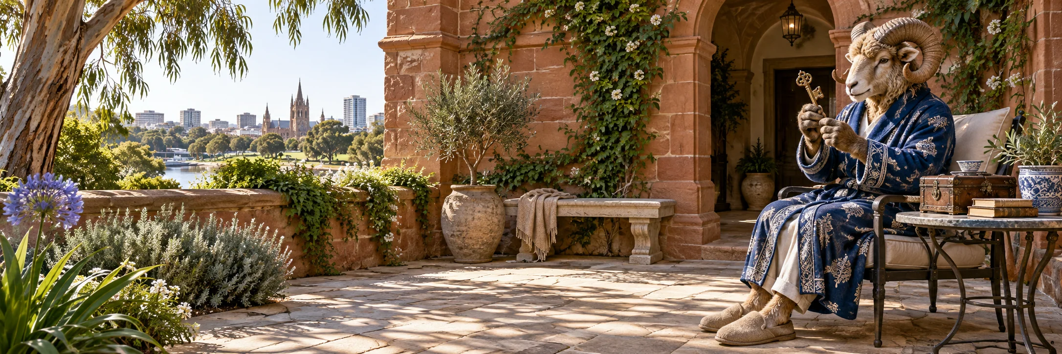 Ram examining an antique key, red sandstone courtyard in Adelaide with climbing vines.