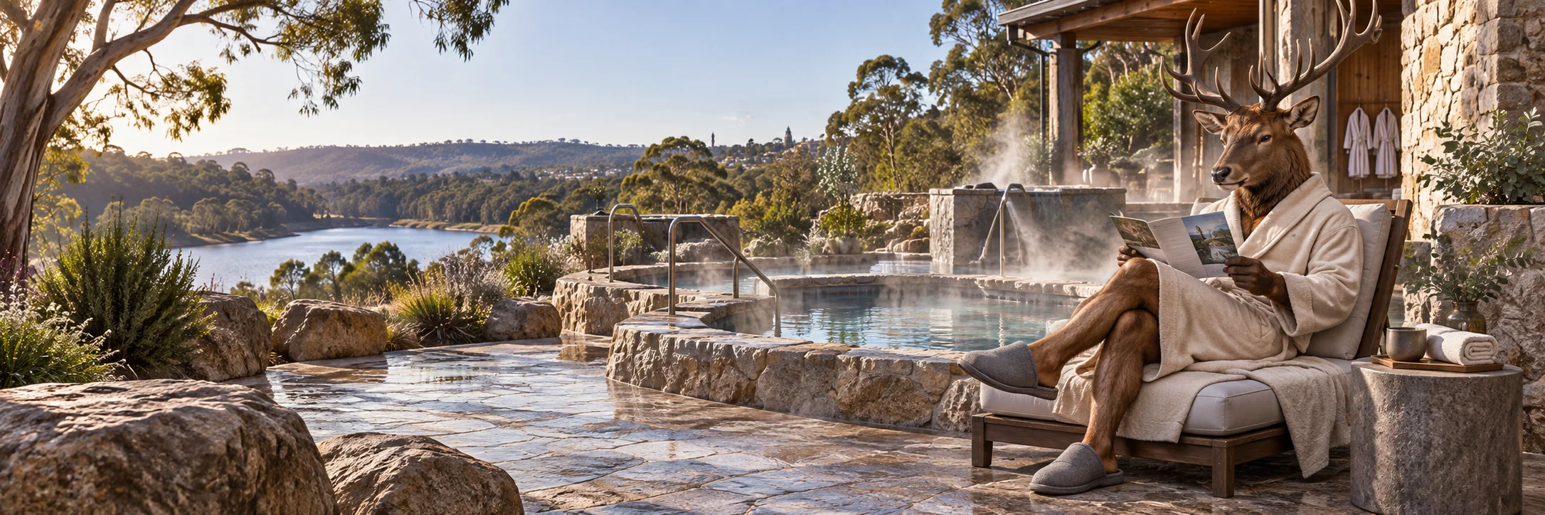 Elk reading a folded spa guide, mineral spa stone terrace in Daylesford with steam pools.