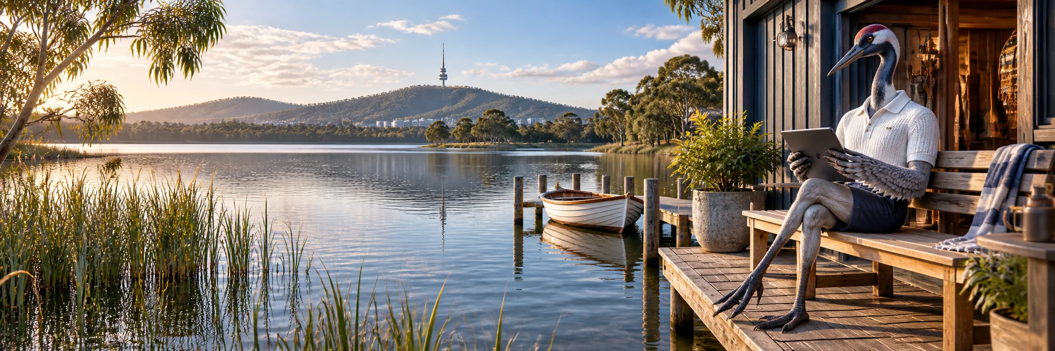 Crane holding a tablet on a wooden bench, quiet lakeside boathouse near Canberra with reeds.