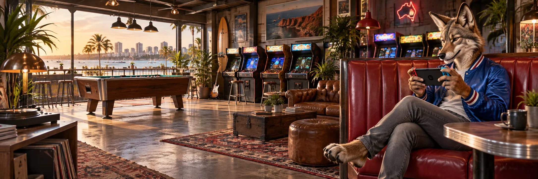 Coyote trying a handheld game console, retro gaming lounge in Darwin with red leather booths.