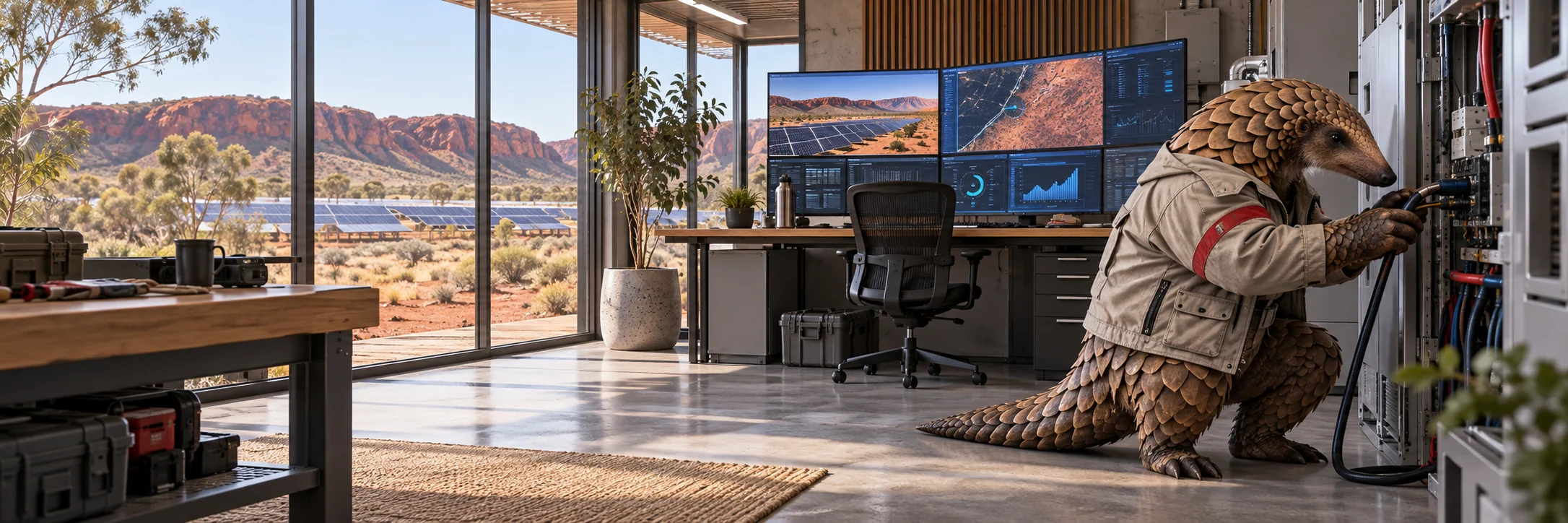 Pangolin checking a cable connection, solar energy control room in Alice Springs with screens.