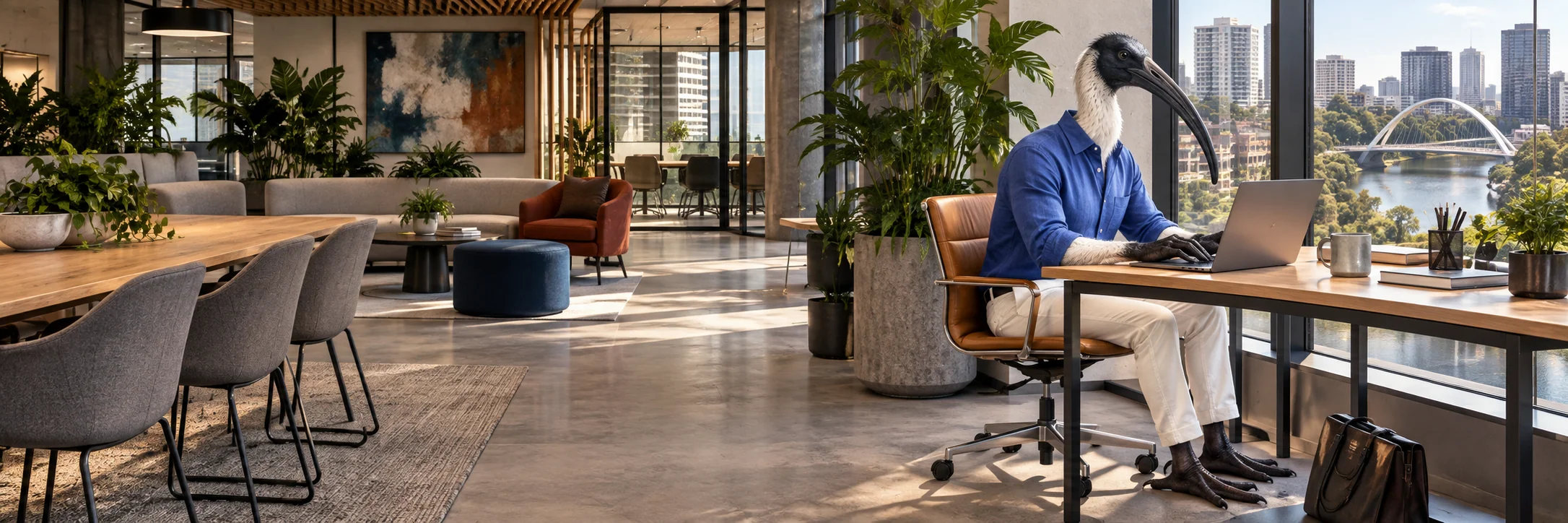 Ibis typing on a laptop beside a window, modern shared office in Parramatta with indoor plants.