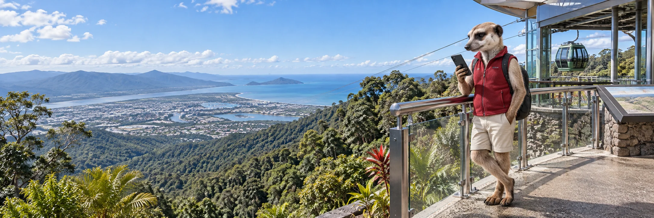 Meerkat reading a phone beside a panorama railing, mountain cable car viewing platform near Cairns.