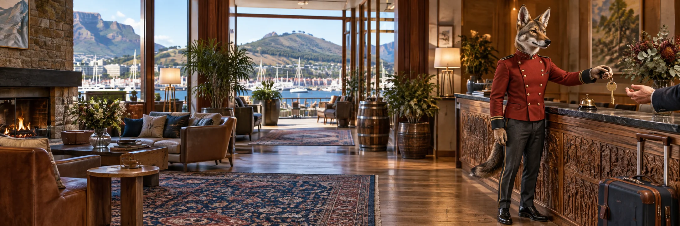 Jackal handing over a brass key, boutique hotel reception in Hobart with carved timber counter.