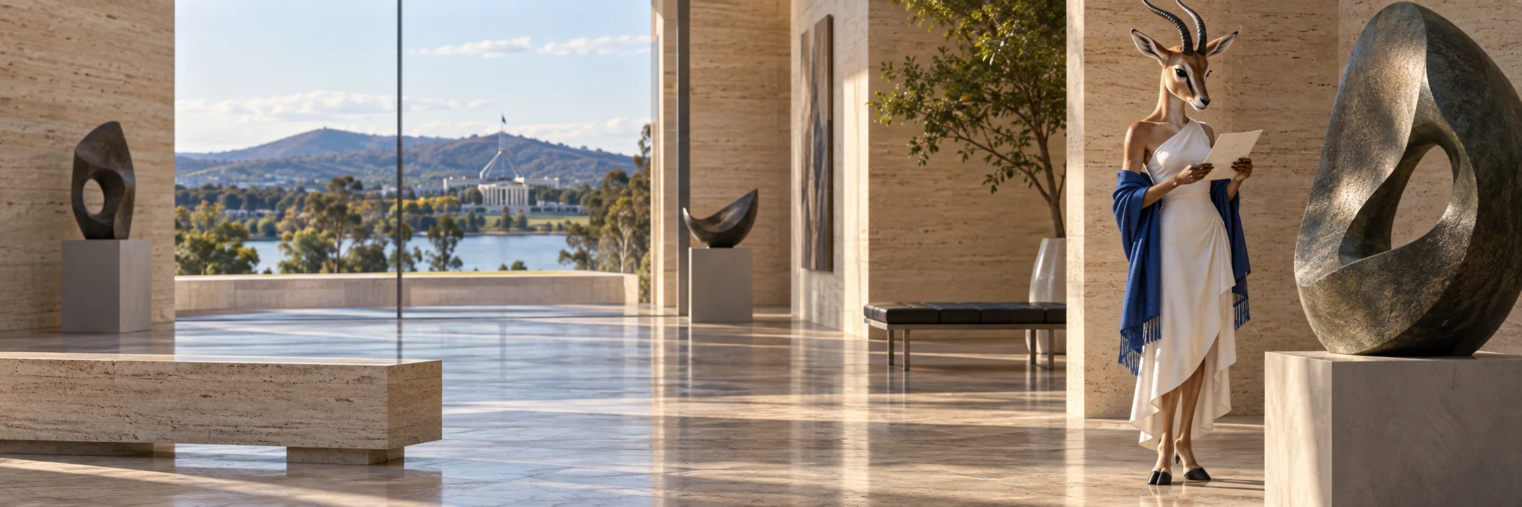 Gazelle reading an invitation beside an abstract sculpture, minimal sculpture gallery in Canberra, beige travertine walls.