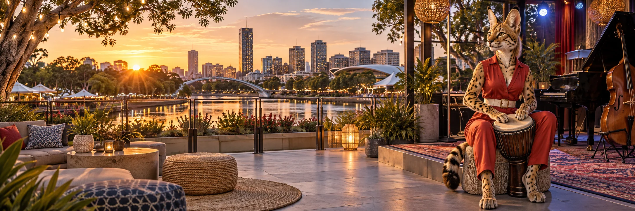 Serval tapping a small hand drum, outdoor jazz festival terrace in Adelaide at sunset.