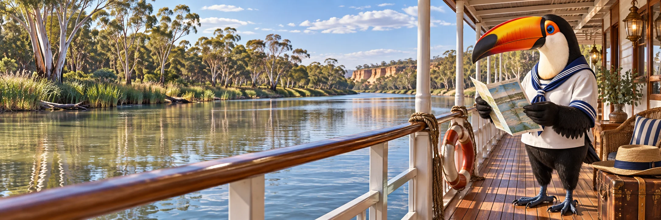 Toucan unfolding a small itinerary, riverboat deck on the Murray River, reeds and eucalyptus banks.