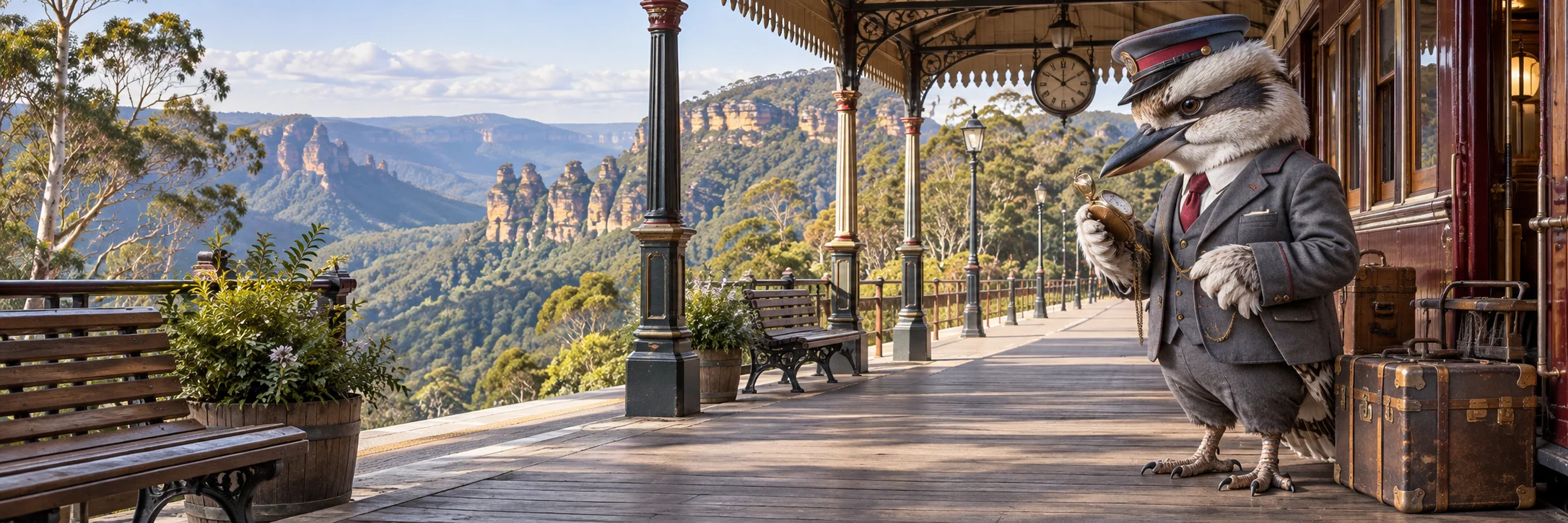 Kookaburra checking a pocket watch, vintage railway carriage platform in the Blue Mountains.