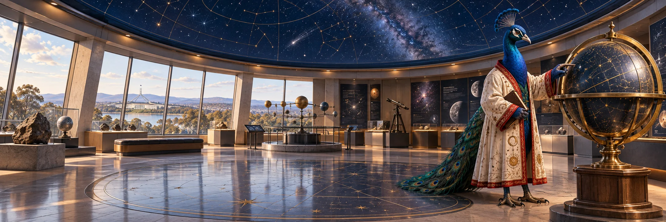 Peacock pointing at a brass celestial globe, planetarium demonstration hall in Canberra, deep blue domed ceiling.