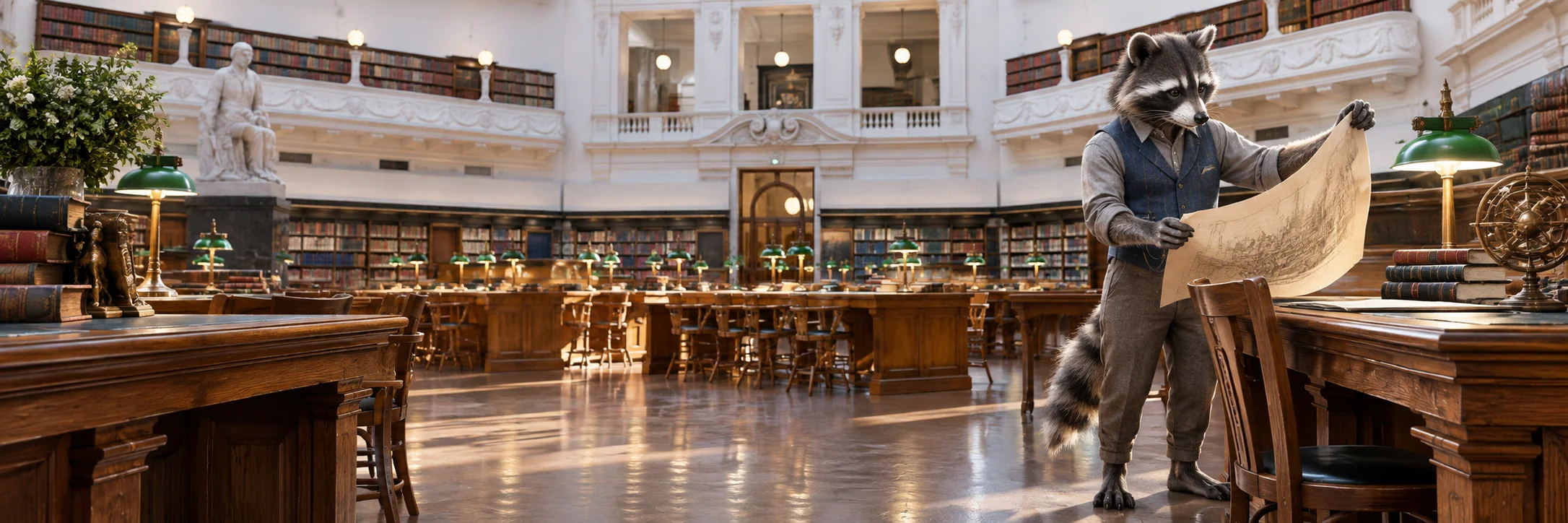 Raccoon unfolding a cream parchment, State Library reading room in Melbourne.