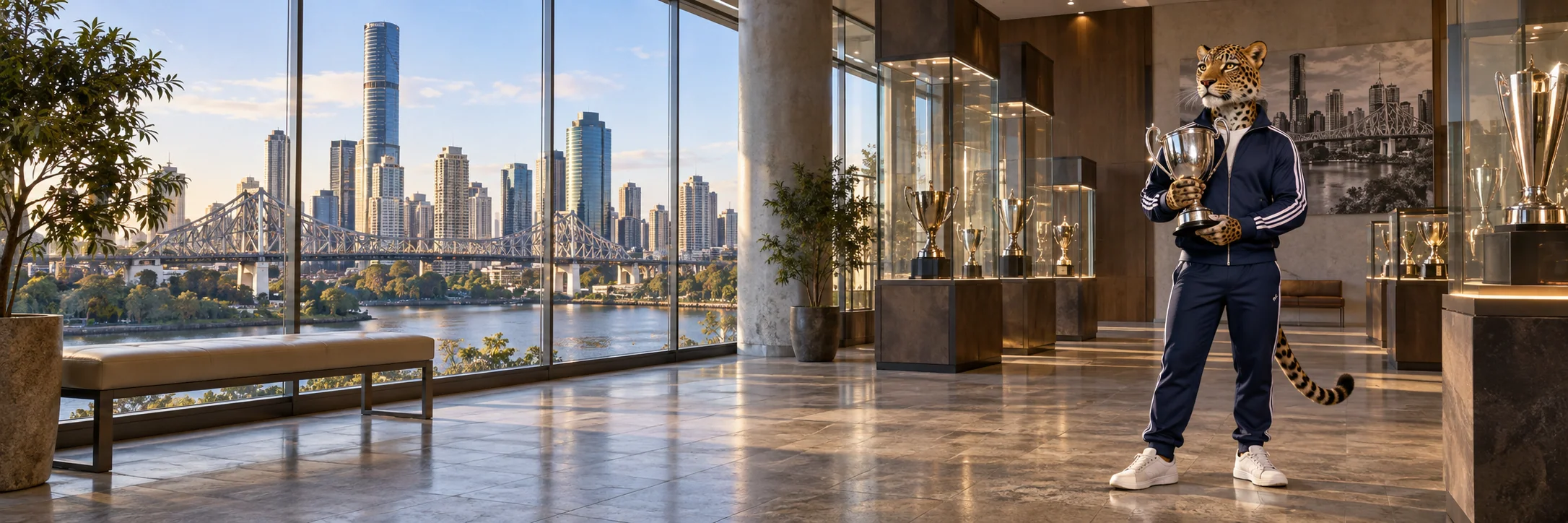 Leopard holding a silver trophy, community trophy exhibition room in Brisbane with glass display cases.